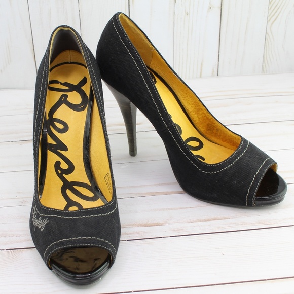 Replay, Shoes, Replay Womens Peep Toe Black Canvas Heels